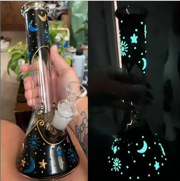 Straight Tube Bong Hookahs Glow in the Dark 14mm Big Glass Water Bongs Waterpipes Recycler Oil Rigs Midnight Celestial