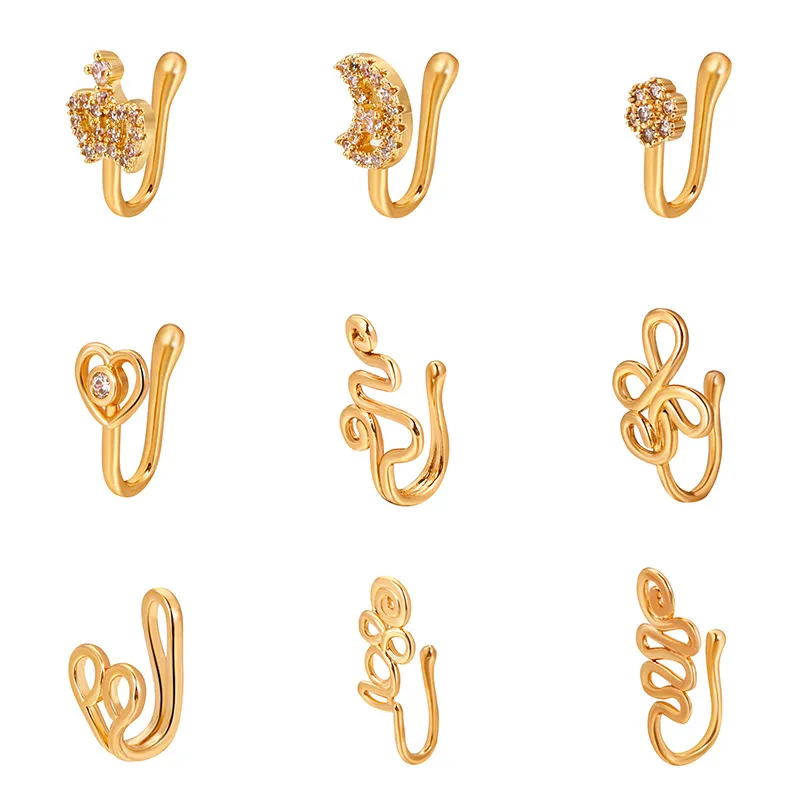 35 Styles Small Copper Fake Nose Rings For Women Non Piercing Gold Plated Clip On Nose Cuff Stud Girls Fashion Party Jewelry