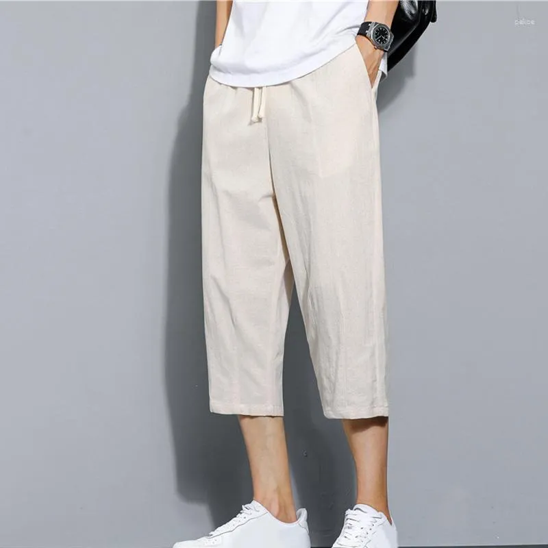 Pantalon sarouel pour hommes, short de plage en coton et lin, Capri Cargo, décontracté, taille élastique, Baggy, cordon de serrage, poche ample