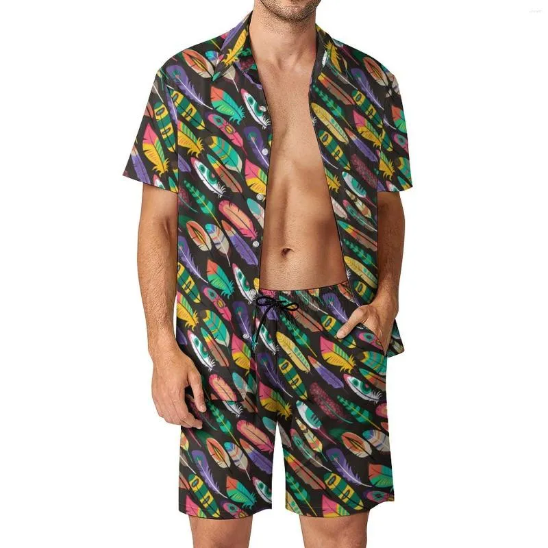 Survêtements pour hommes Coloré Plume Hommes Ensembles Jaune Vert Hawaii Chemise Décontractée Ensemble À Manches Courtes Short D'été Costume De Plage 2XL 3XL