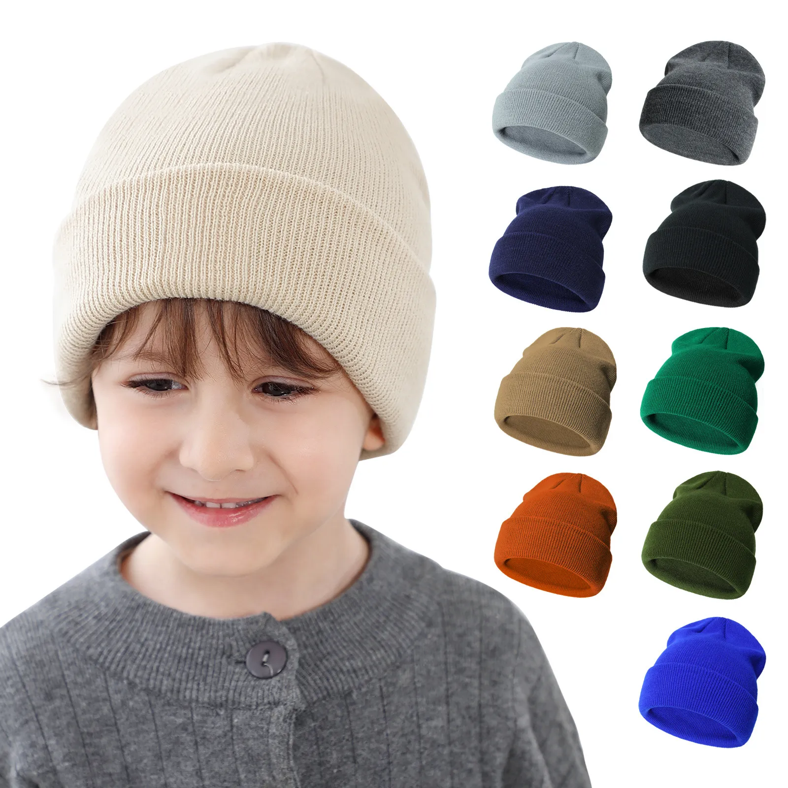 Baby Acrylic Beanies Knitted Plain Winter Slouchy Hats for 0-6 Years Children Head Ears Warmer 18 Solid Color Orange White Yellow Black Grey Pink Beige