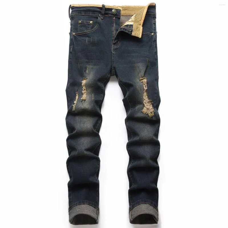 Jeans da uomo alla moda gamba dritta personalità da strada elasticizzata bianco tendenza retrò casetta in schiuma per esterni grande