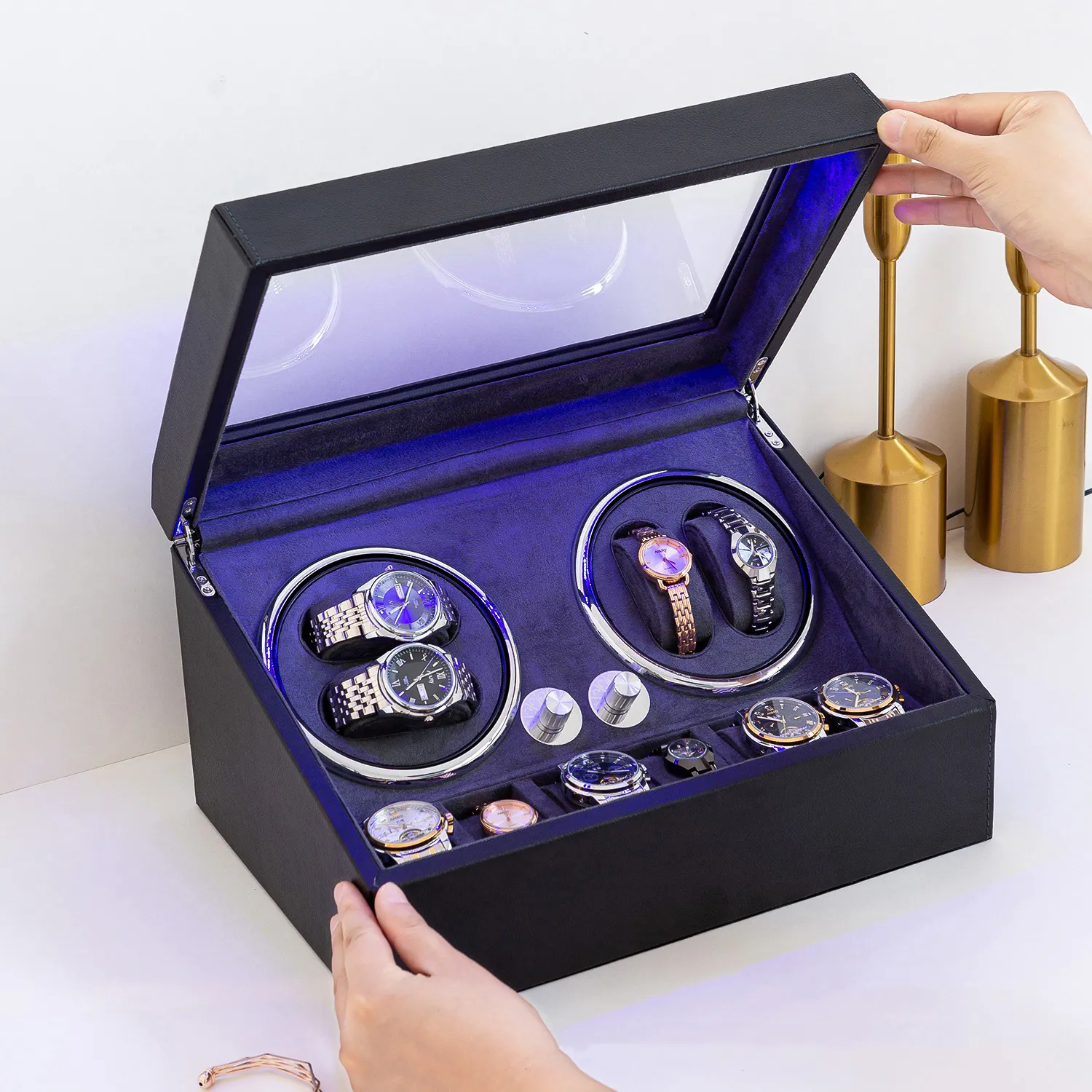 Watch Winders Luxe automatische watchwinder box met led-licht Elektrische watchwinders Mechanisch roterende horloges opbergdoos vitrine 230906