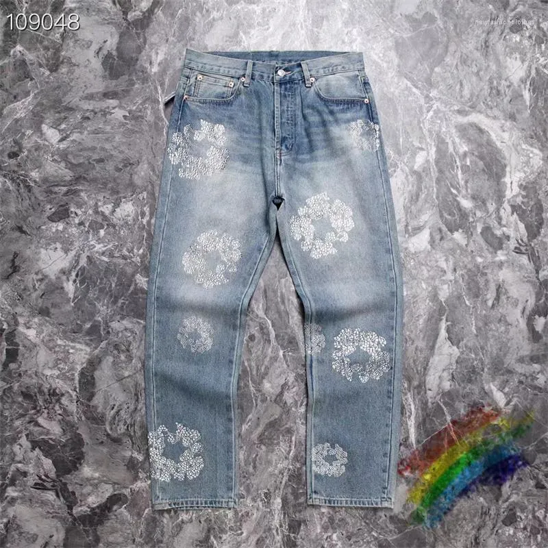 Herenjeans met diamanten ingelegde kapok heren dames blauw licht mooi gewassen oversized denim broek van zware stof