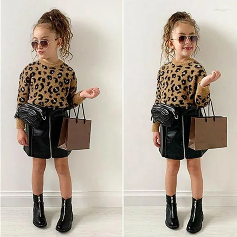 Conjuntos de ropa 2 piezas para niños pequeños, ropa para niñas, suéter de leopardo, Tops, minifalda, conjunto de vestido