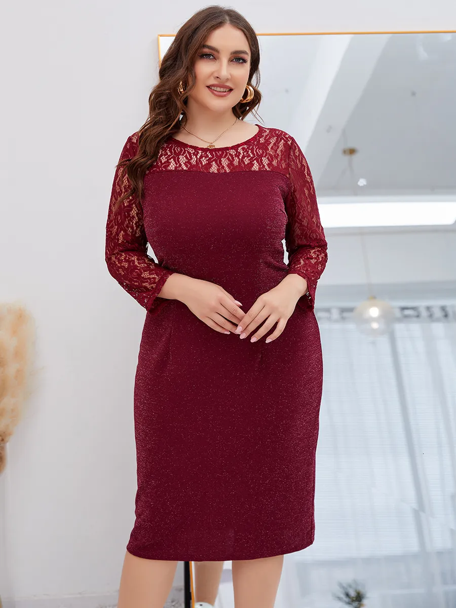 Robes de grande taille Taille Robe d'invité de mariage Automne Hiver Dentelle Patchwork Paillettes Robe de soirée Slim Moulante Maxi Bal 230906