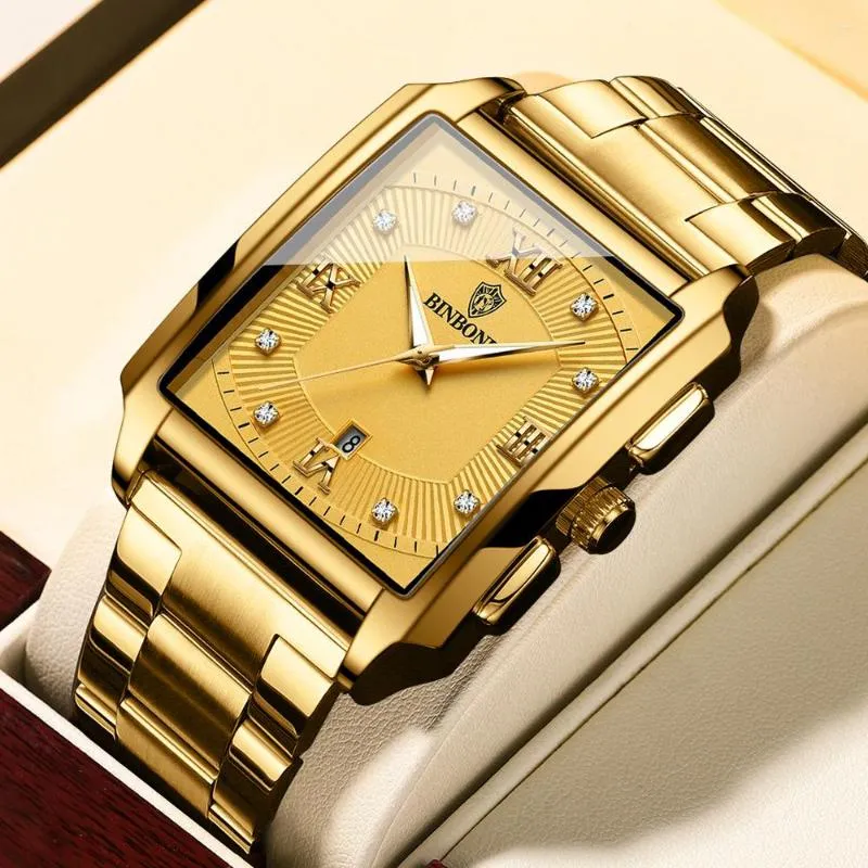 Relojes de pulsera 2023 Reloj de oro de lujo para hombres Cuadrado Cuarzo Acero inoxidable Impermeable Deportes Reloj masculino Fecha Relojes de pulsera para hombre Relogio Masculi