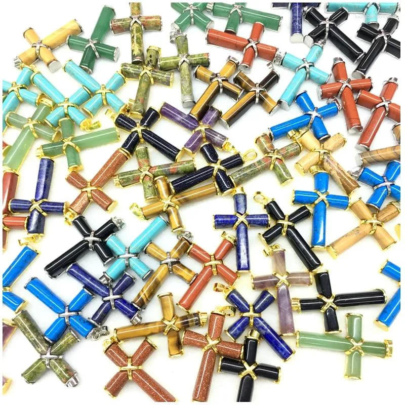 Pendant Necklaces Wholesale 49MMX32MM Natural Stone Agate Amethyst Tiger Eye Metal Cross Couple Yoga Exorcism Talisman Exquisite Jewelry