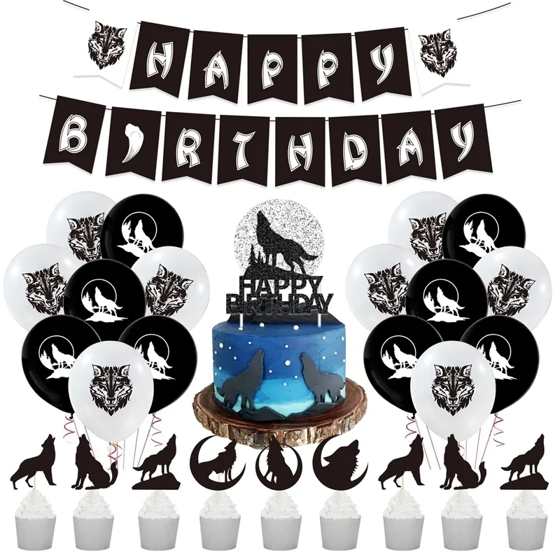 その他のイベントパーティーの供給チェレベールdekorasi pesta ulang tahun teha serigala hitam putih balon atasan kue spanduk selamat untuk laki laki 230905