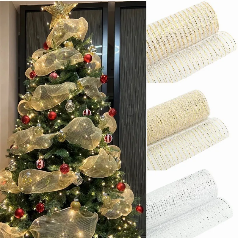 Kerstversiering 26 cm 10 yards goudzilver kerstbloemenkrans gaas doe-het-zelf kerstboom lint decoratie bruiloft kerstcadeaupapier lint 230905