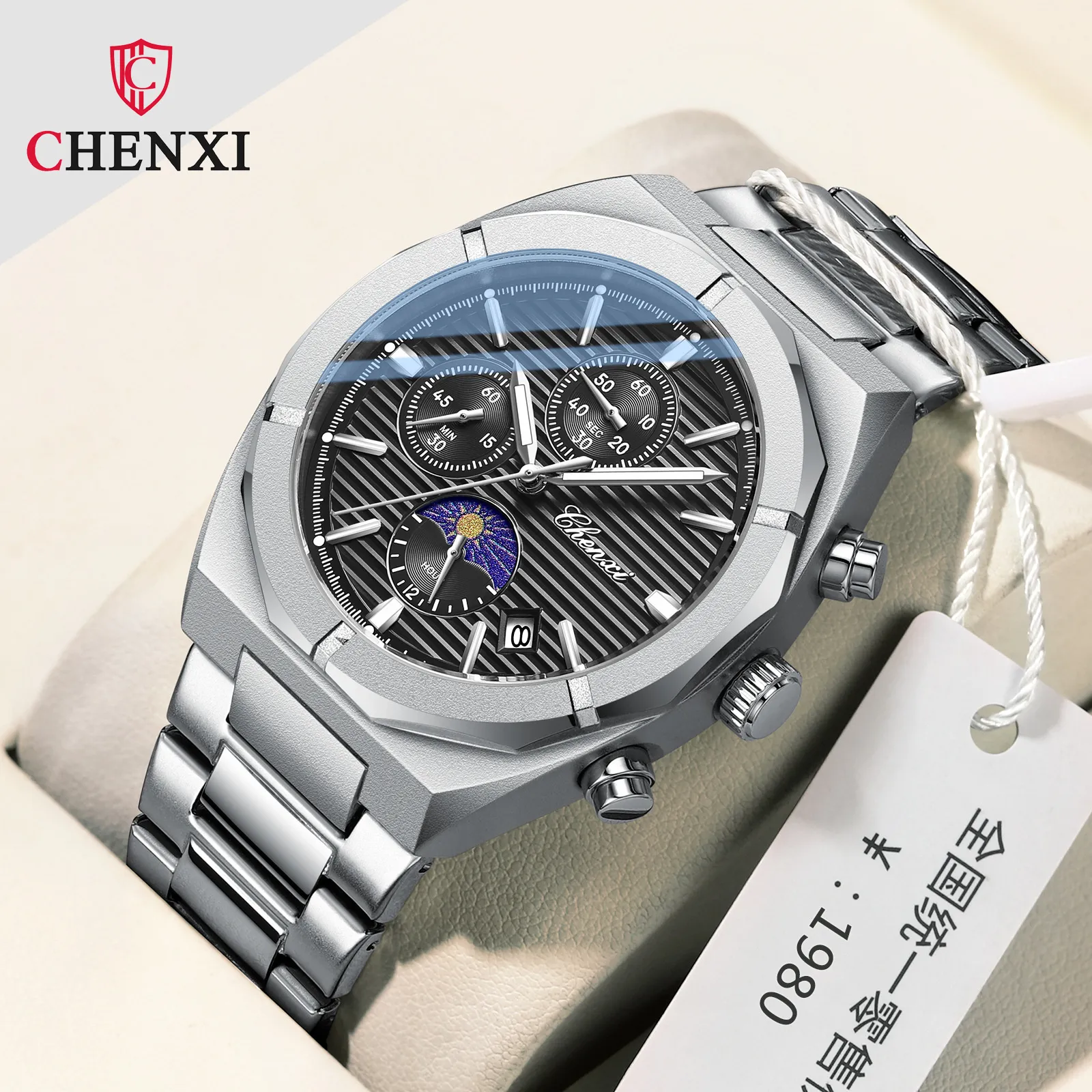 Armbandsur Chenxi 962 Morninglight Multifunktionella herrmåne Fas Datum Timing Vattentät svart stålband Quartz Watch Wristwatch 230905