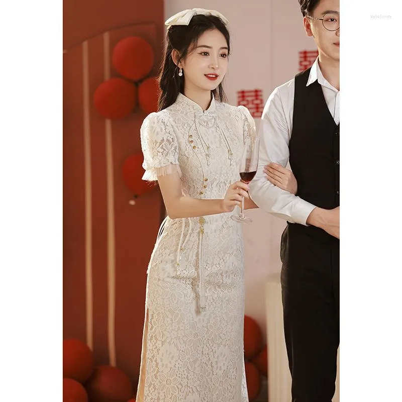 Abbigliamento etnico Yourqipao Abito da fidanzamento bianco Cinese sottile cheongsam di pizzo Tradizionale donna Qipao Tang Abito da sposa Hanfu Abiti gonna