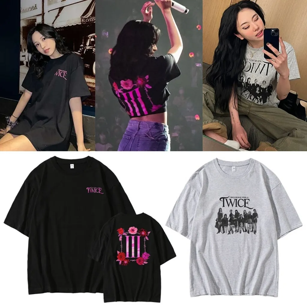 Camiseta feminina kpop duas vezes 4th world tour álbum mesmo tshirt preto colheita camisa concerto oneck algodão y2k oversize estrela topo t 230906