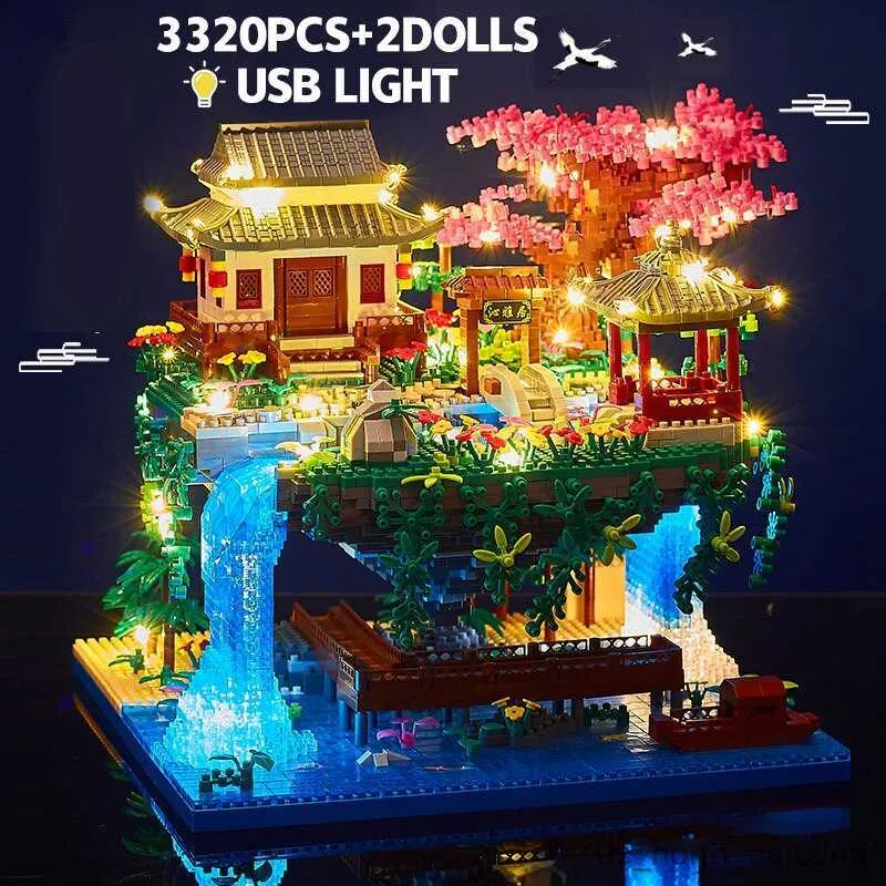 Blokken 3320PCS Blokken Boomhuis Diamant Gebouw Tuin Architectuur Waterval Licht DIY KersenbloesemToy voor Kind Gift R230907