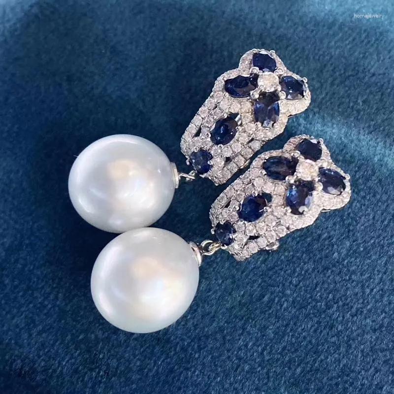 Dangle Earrings MeiBaPJ 10-11mm Natural White Rice Pearls Fashion Blue Stones Drop 925 Silver Empty Tray Fine Wedding Jewelry For Women
