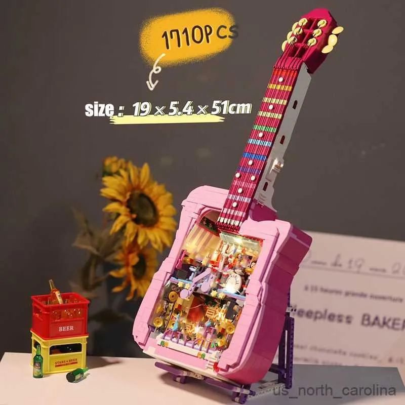 ブロックバンドショーミュージックシリーズギタービルディングブロックセットマイクロライト付きマイクロコンストラクションおもちゃのおもちゃクリスマスギフトR230907