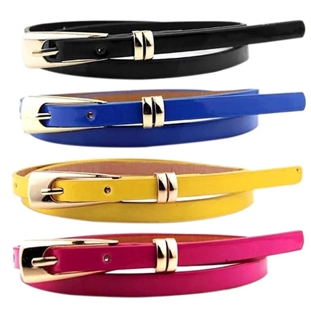 Hot Sales Fashion Women Candy Color Thin Narrow Faux Leather Dress Belt Buckle Waistband