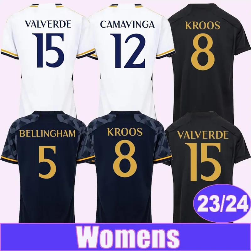 2023 24 Modric Vini Jr. Kadın Futbol Formaları Bellingham Camavinga Tchouameni Camavinga Valverde Kroos Alaba Rodrygo Ev Beyaz Away 3. Futbol Gömlekleri