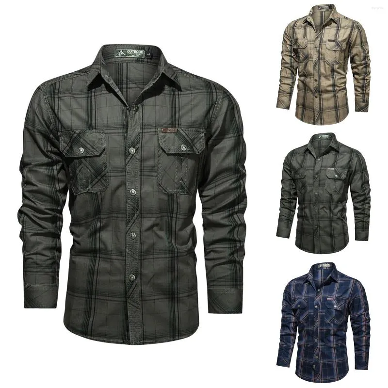 Camicie casual da uomo 2023 Camicia cargo scozzese da uomo Manica lunga Abito traspirante Multi tasca Camicetta da lavoro Camicetta Plus Size Blusas