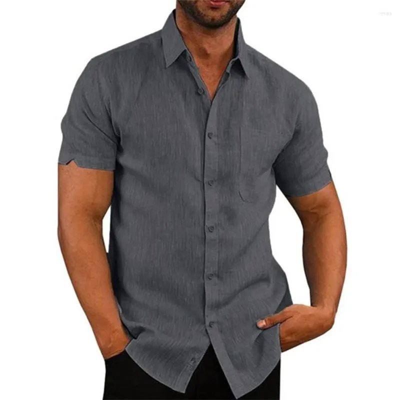 Camisas casuais masculinas de algodão linha de manga curta verão cor sólida gola virada para baixo estilo praia plus size
