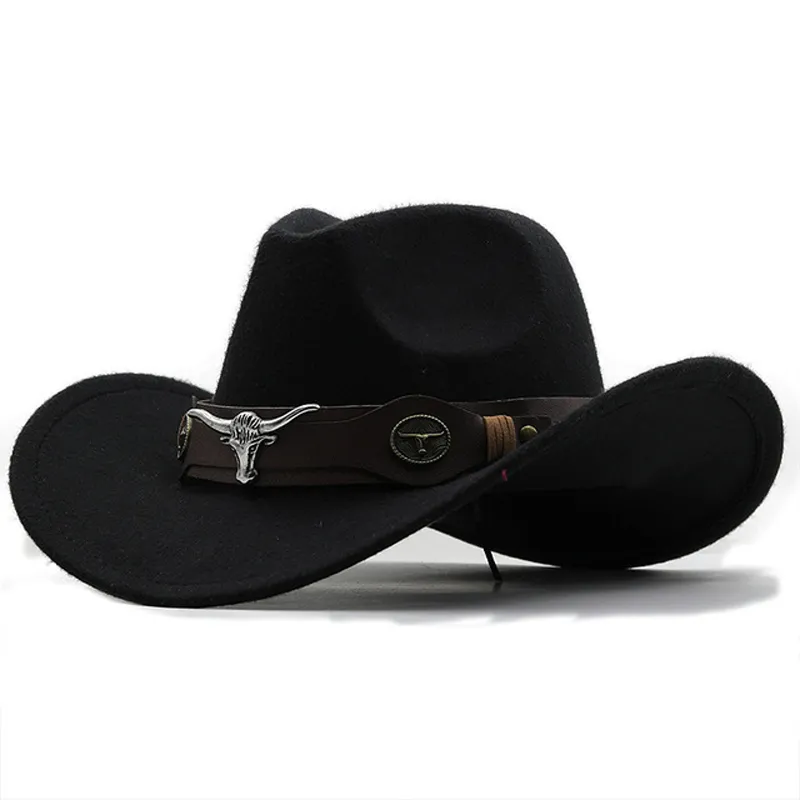 Breda Brim Hats Bucket Western Cowboy Hat Roll Cowgirl Cap Jazz Fedora Felt med Cow Band för Women Män Barn 230907