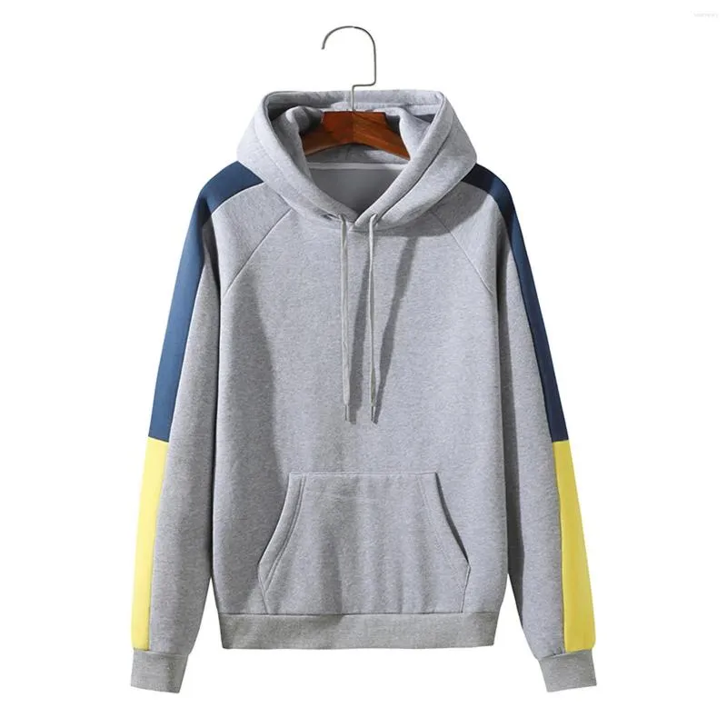 Men's Hoodies Grey Solid Color Long Sleeve Hooded Sweatershirts Colorblock Drawstring Blouse With Kanga Pocket Male Tracksuit Tops