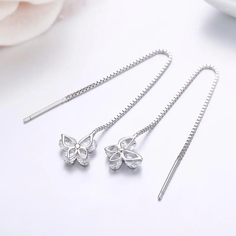 Boucles d'oreilles pendantes mignonnes en argent Sterling 925, pierres CZ, tête de papillon à travers la chaîne de barre, glands goutte pour femmes et filles, bijoux Aros