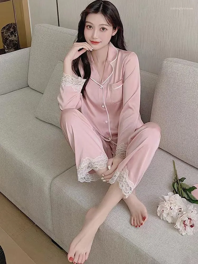 Kvinnors sömnkläder Silk Satin Pyjamas 2 Piece Set Simple Lapel Shirts Trousers Lace Trim Sweet Luxury Summer Autumn Homewear