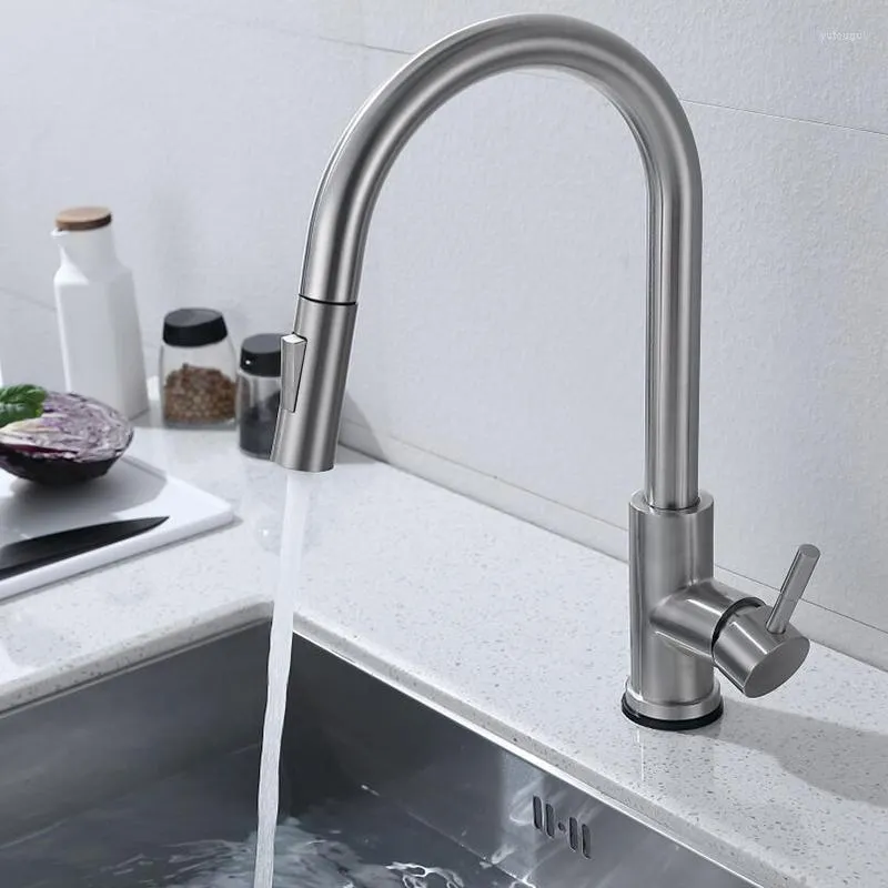 Kökskranar 304 Rostfritt stål Touch Pull Faucet 360 ° Rotation Två funktionsvattenutloppsläge Anti-spott