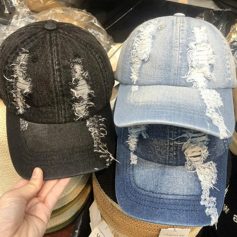 Bollmössor Holed Baseball Vintage Washed Distressed Hat Mode Sports justerbar snapback denim hattar för kvinnor män hiphop cap