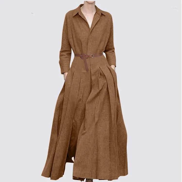 Lässige Kleider Damen Langes Kleid 2023 Mode Ärmel Revers Plissee Büro Dame Einfarbig im Frühling Winter ohne Gürtel
