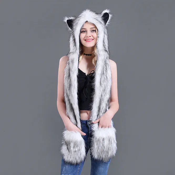 Ampla Brim Chapéus Bucket Faux Fur Hood Animal Hat Orelha Flaps Mão Bolsos Lobo Pelúcia Quente Cap com Lenço Luvas Menina 230907