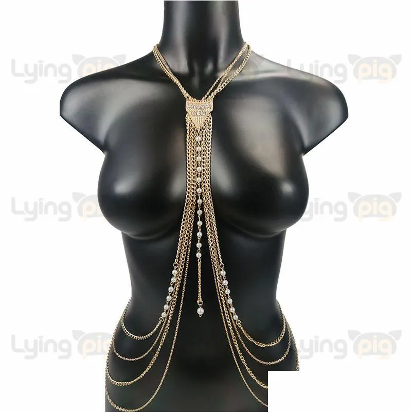 Cinturones de cadena de cintura Collares de cuerpo de perlas Joyería Pecho de lujo Moda para mujeres Y Bikinis Accesorios de playa Goth Drop Entrega Dhafb