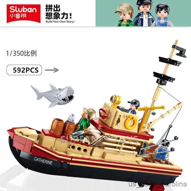 Blocks City Fishing Boat Trawlboat Model Building Blocks Set Ship White Shark Figures Toys With Stickers R230907