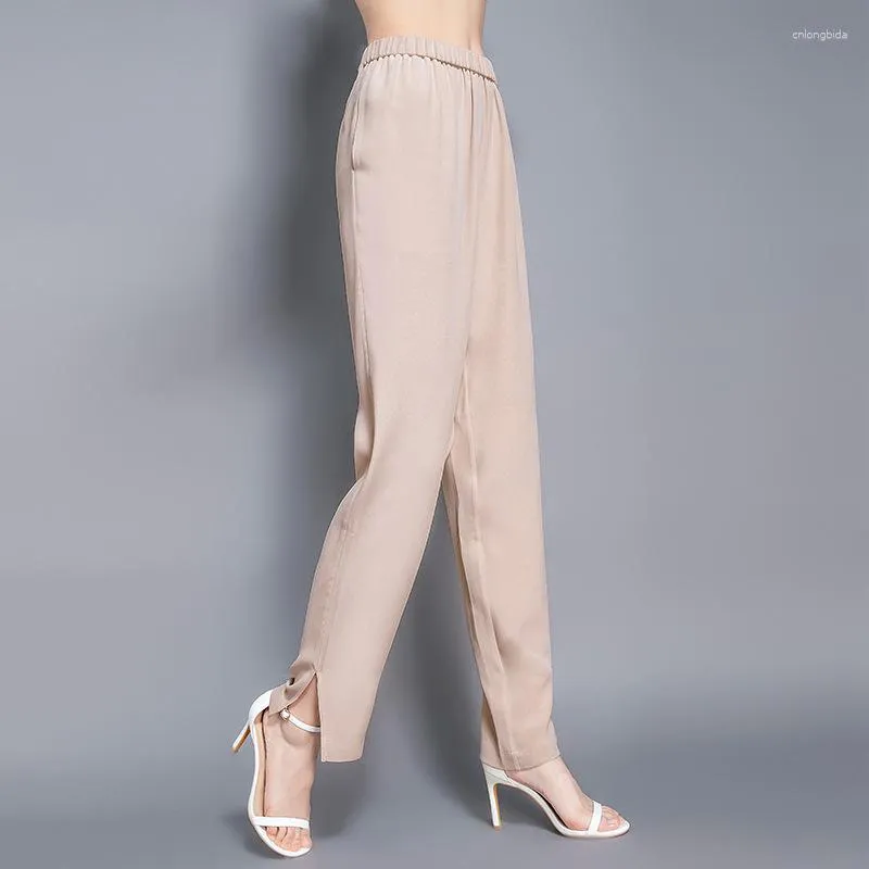 Kobiety Pants Elastic Satin 19 Momme Fancy Crepe Georgette Mulberry Silk TALIST HAREM High LUSE LUTNE SUMES 20116