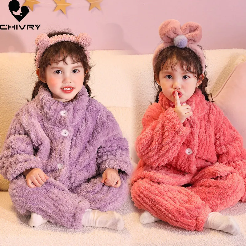 Pajamas Kids Autumn Winter Thicken Warm Casual Flannel Solid Tops with Pants Baby Boys Girls Homewear Sleepwear Pyjamas Sets 230906