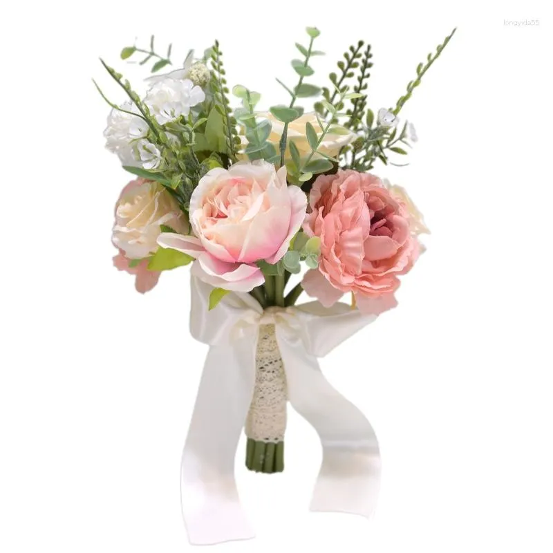 Flores decorativas buquê de flores pequenas artificiais com laço simulação de dama de honra para o dia dos namorados casamento noiva pogal