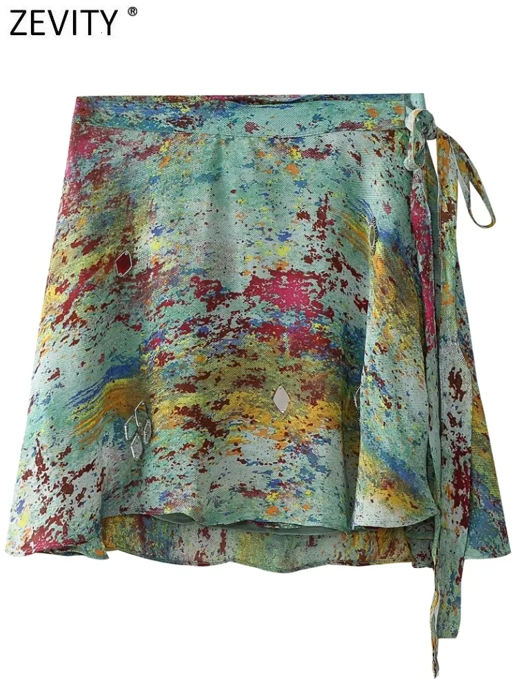 Skirts Zevity Women's Mini Tie-Dye Print High Waist Lace-Up Fashion  Vestidos QUN5009 230907