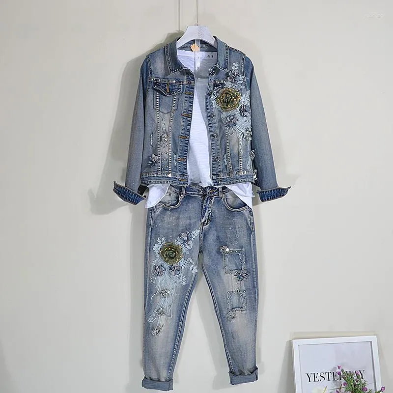 Survêtements pour femmes deux pièces ensemble printemps et automne perles paillettes avec trous jeans hauts veste manteau costume denimwear peut acheter séparément