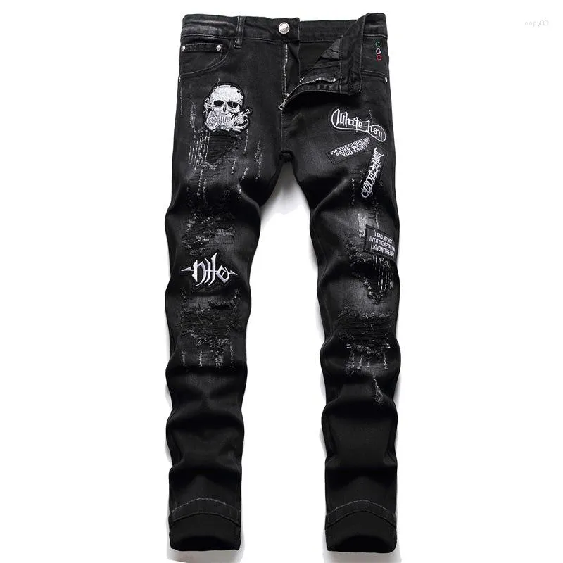 Calças de brim masculinas streetwear moda calças crânio bordado preto denim motociclista de alta qualidade masculino casual designer rasgado