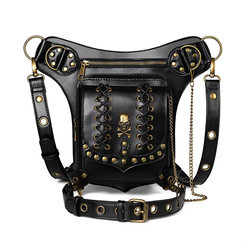 Waist Bags Gothic Waist Thigh Bag Skull Studded Decor Crossbody Bag Steampunk Halloween Outdoor Purse Y2K Style Bag 230907