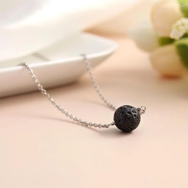 Chaînes Pierre Naturelle Noir Lave Volcanique Collier En Acier Inoxydable Pour Femmes Ras Du Cou Charms Bijoux