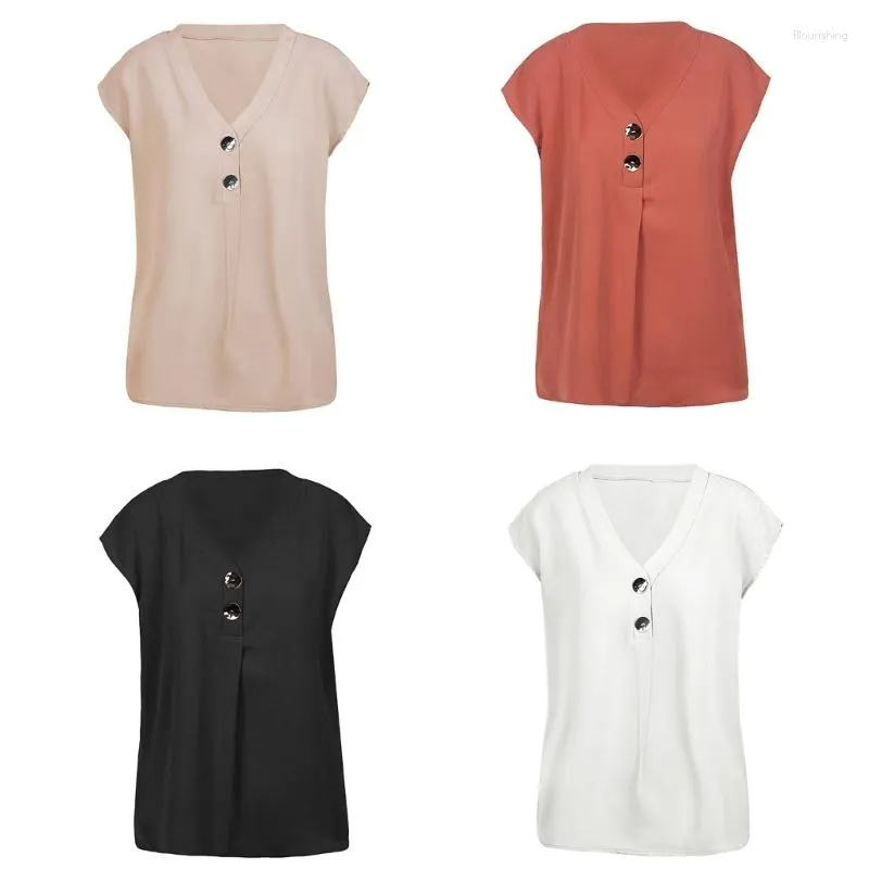 Kadın Tişörtleri Kadınlar Kısa Kollu T-Shirt V yakalı Metal Düğmesi Piled Gevşek Fit Şifon bluzları