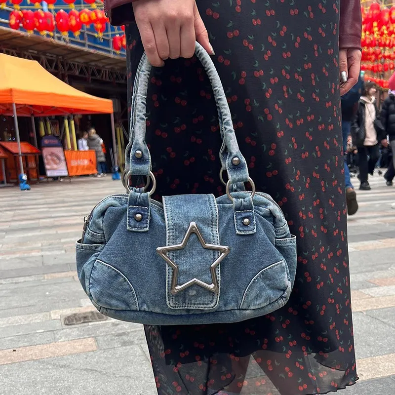 Marsupi Vintage Fashion Metal Star Y2K Denim Borsa da donna Hobos Streetwwear Cargo Style Chic Borse a tracolla a tracolla 230906