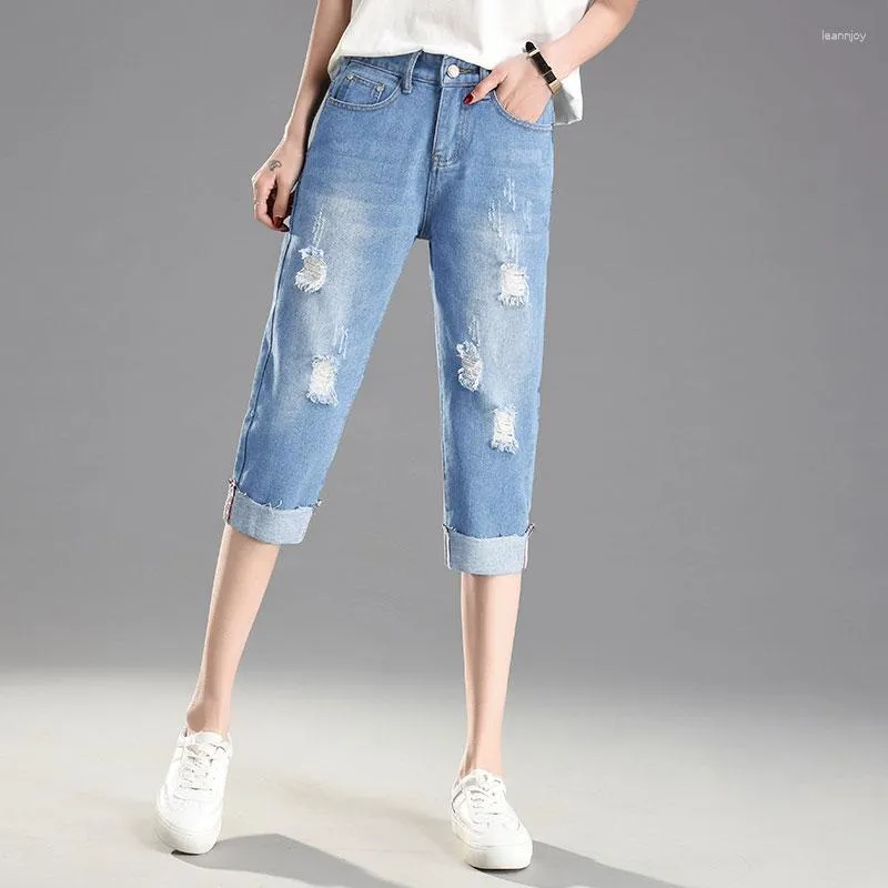 Women's Jeans Ripped Hole Summer Skinny Women Denim Capris Pants Elastic High Waist Woman Stretch Slim Calf Length D22