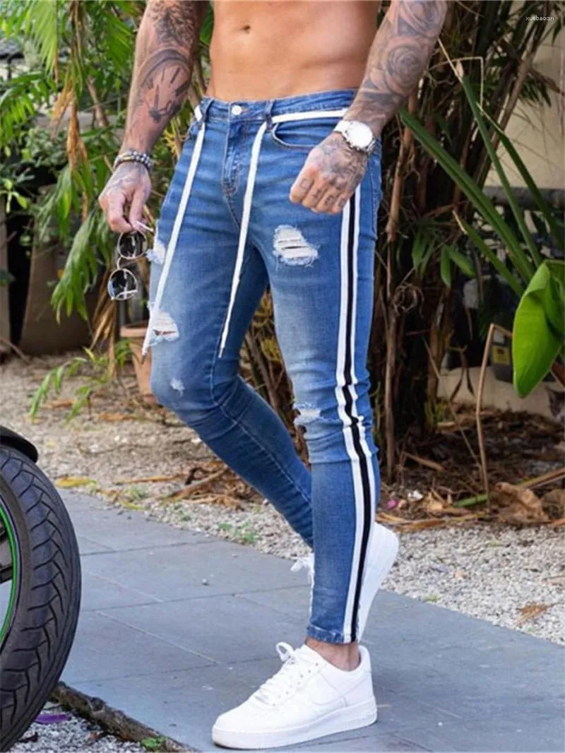 Jeans da uomo Uomo Skinny Biker Distrutto Taglio sfilacciato Denim Strappato Pantaloni a matita a righe laterali Pantaloni slim Hip Hop Streetwear