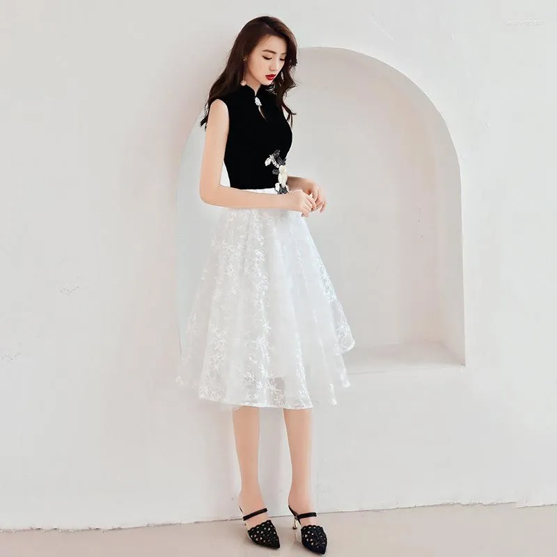 Etnik Giyim Çin Elbise Siyah Beyaz Elbiseler Moda Qipao Aplike Cheongsam Oryantal Stil Günlük Parti Elbise Boyut S-XXL