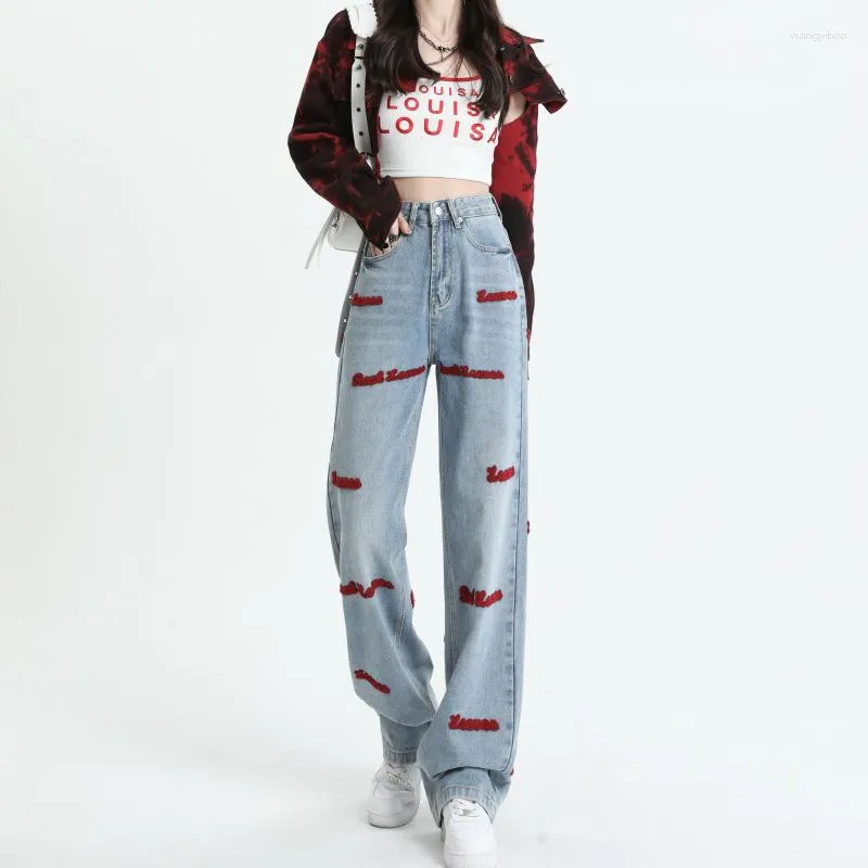 Women's Jeans Letter Embroidered High Waist Slim Design Feeling Small Retro Straight Leg Pants Female