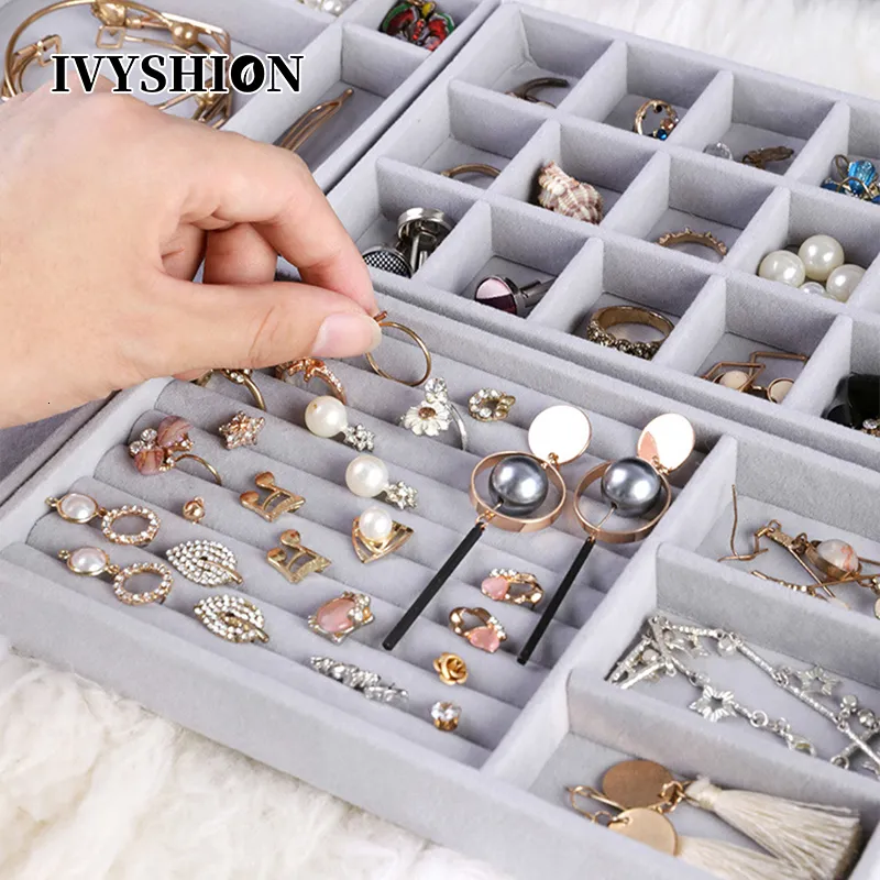 Storage Boxes Bins Makeup Fashion Portable Velvet Jewelry Ring Display Organizer Box Tray Holder Earring Case Showcase 230907