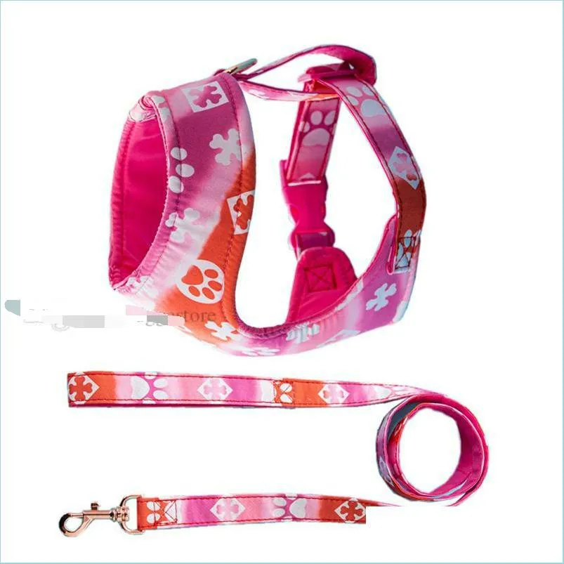 Dog Collars Leashes Fashion Gradient Color Dog Harness Leashes Set With Claw Print Bone Pattern No Pl Super Soft Breathable Lightwei Otrzc